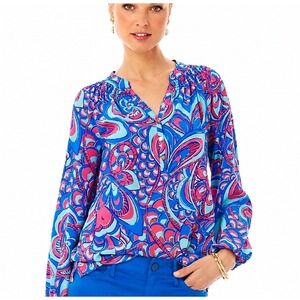 Lilly Pulitzer Silk Elsa Popover Blouse M Pink Blue Aqua Resort Coastal Boho